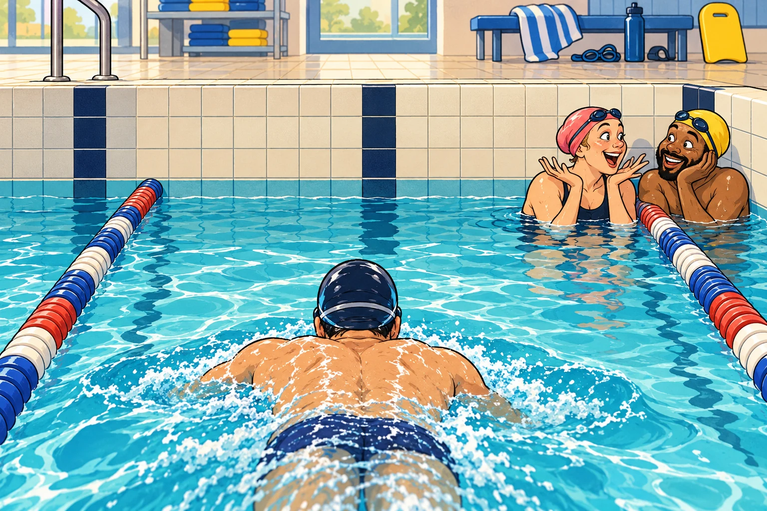 Comic illustration: two swimmers chat enthusiastically in a corner beside the lane rope, leaving the middle of the wall clear for another swimmer.